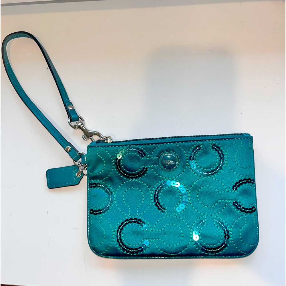 Coach Monogram Sequence Wristlet Coin Purse | Satin | Emerald Green